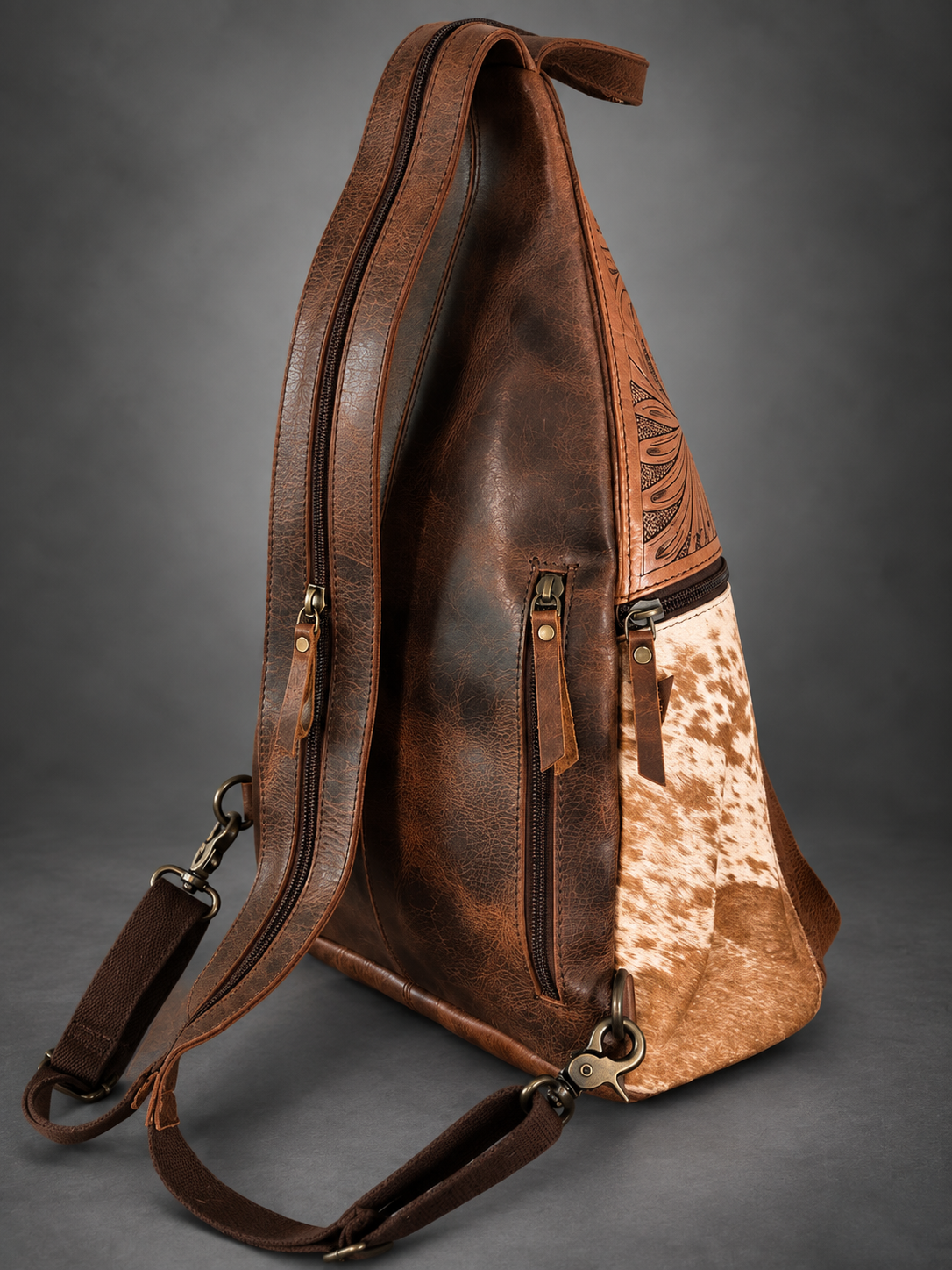 Tooled Leather & Cowhide Sling Backpack