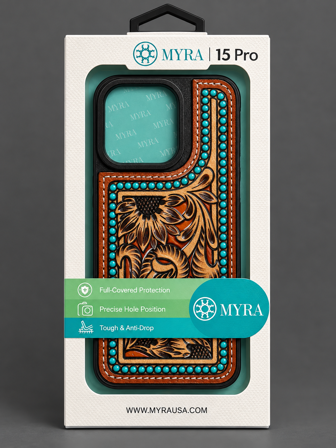 Turquoise Tooled Leather iPhone 15 Pro Case
