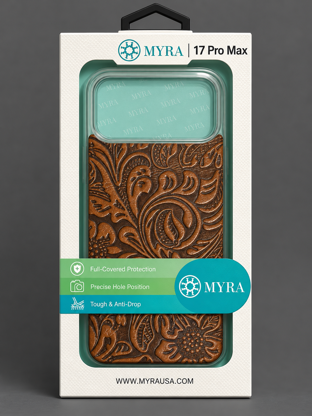 Myra Heritage Tooled Leather iPhone 17 Pro Max Case – Saddle Brown