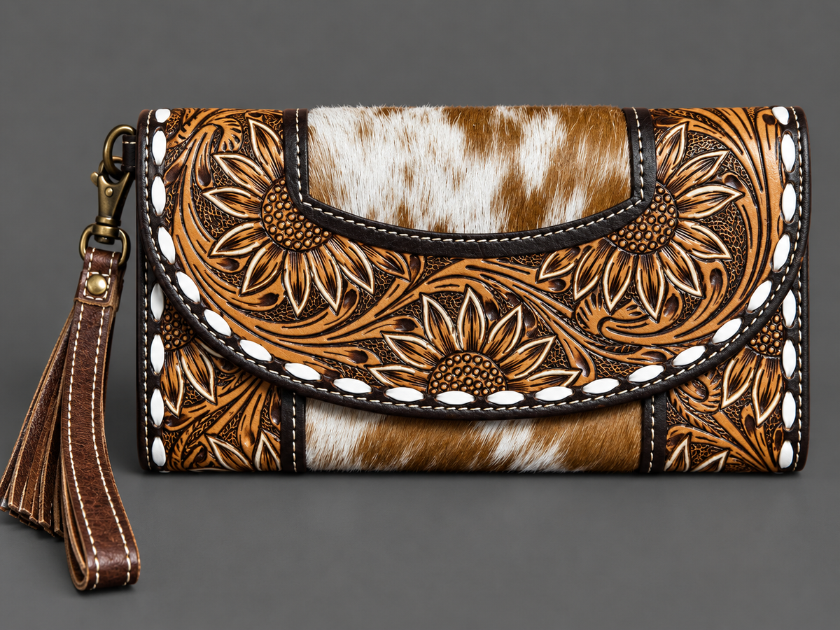 Sunflower & Cowhide Western Wristlet Wallet