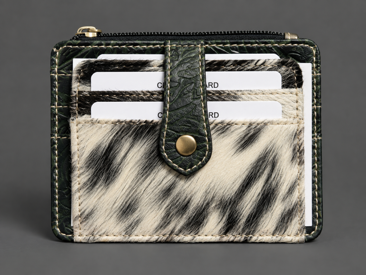 Black Tooled Leather & Cowhide Card Wallet