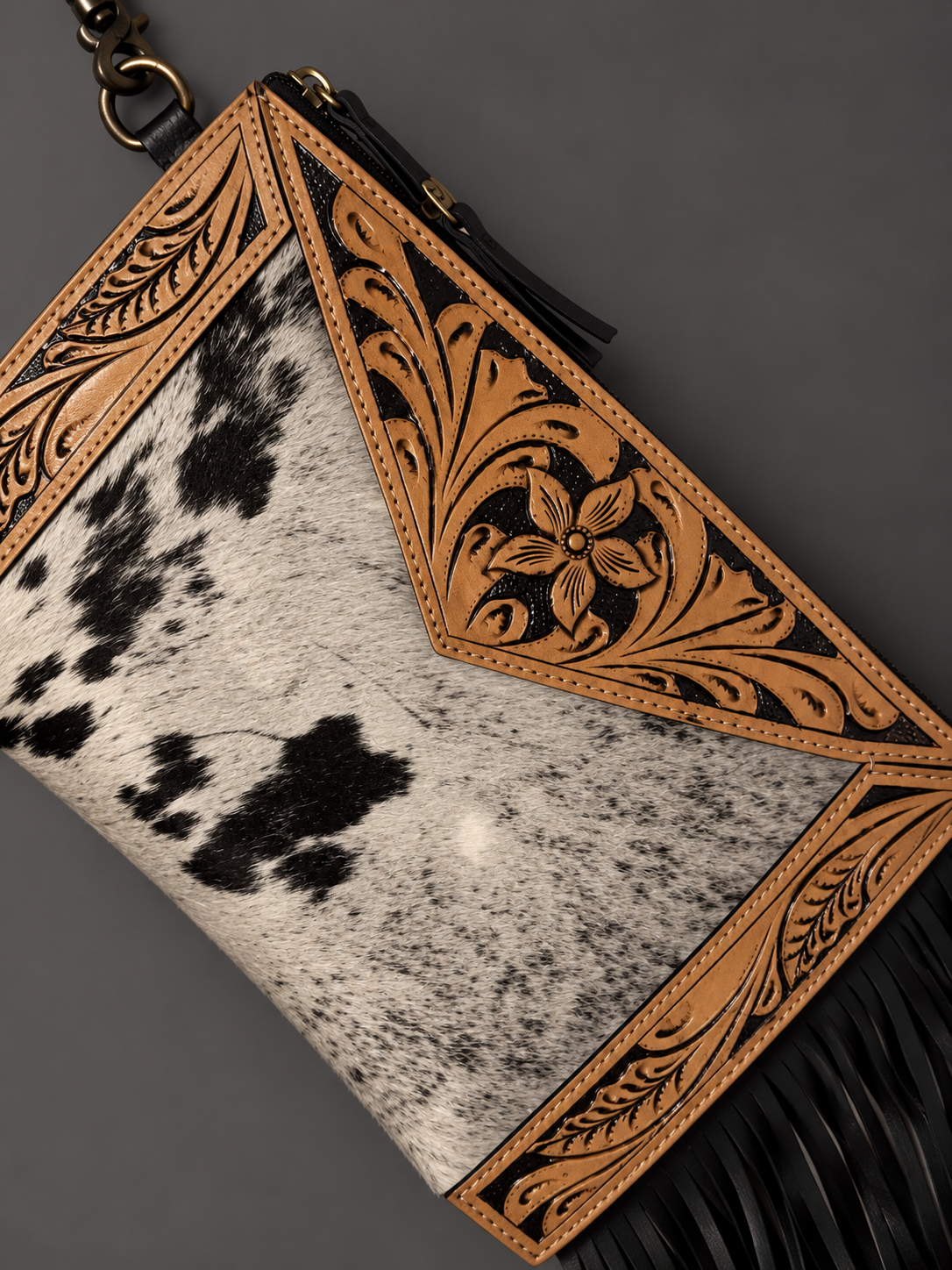 High Plains Luxe | Tooled Leather & Cowhide Fringe Wristlet
