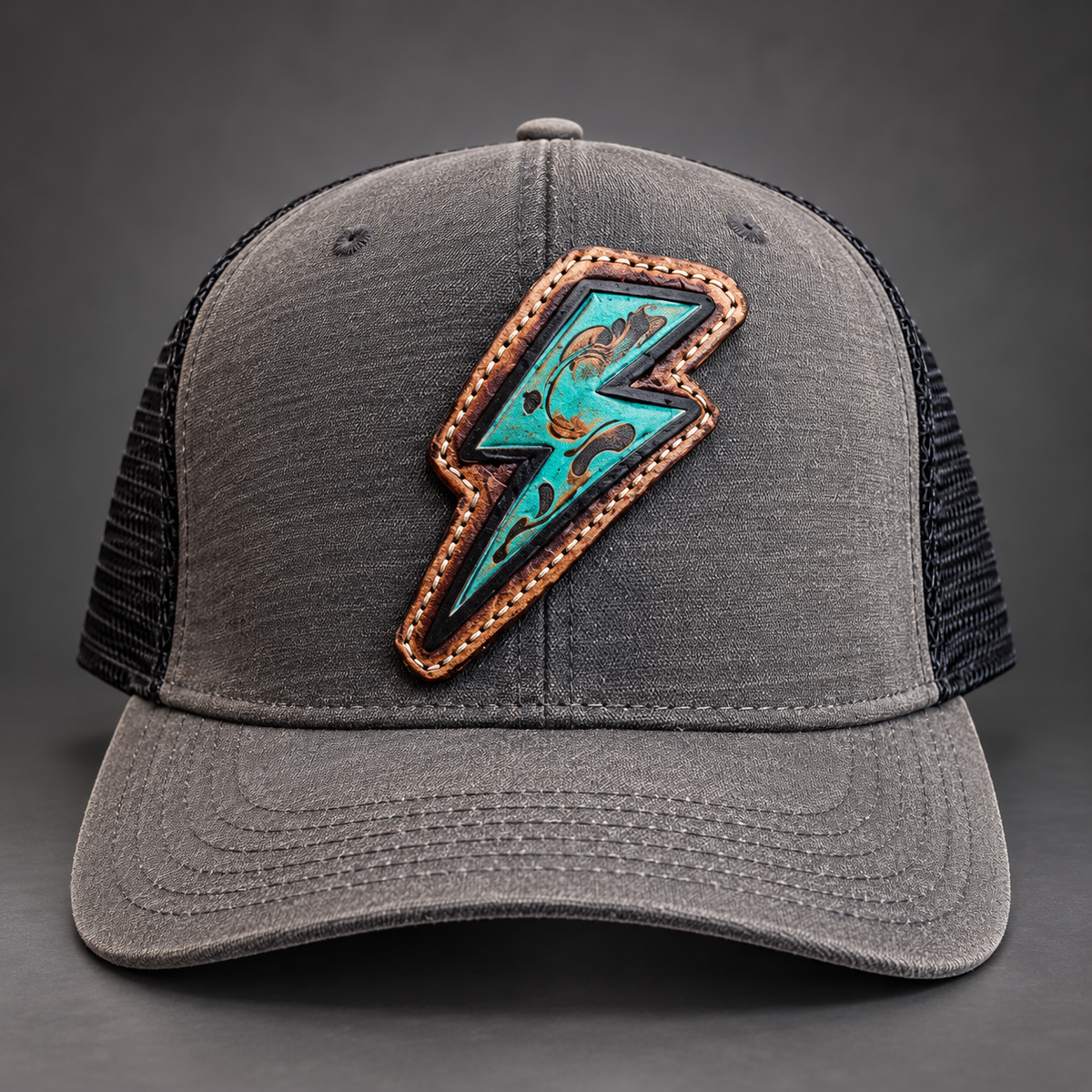 Turquoise Lightning Bolt Tooled Leather Patch Trucker Cap