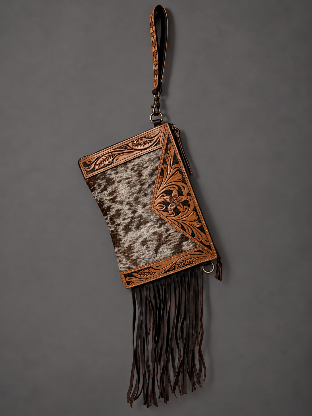 High Plains Luxe | Tooled Leather & Cowhide Fringe Wristlet