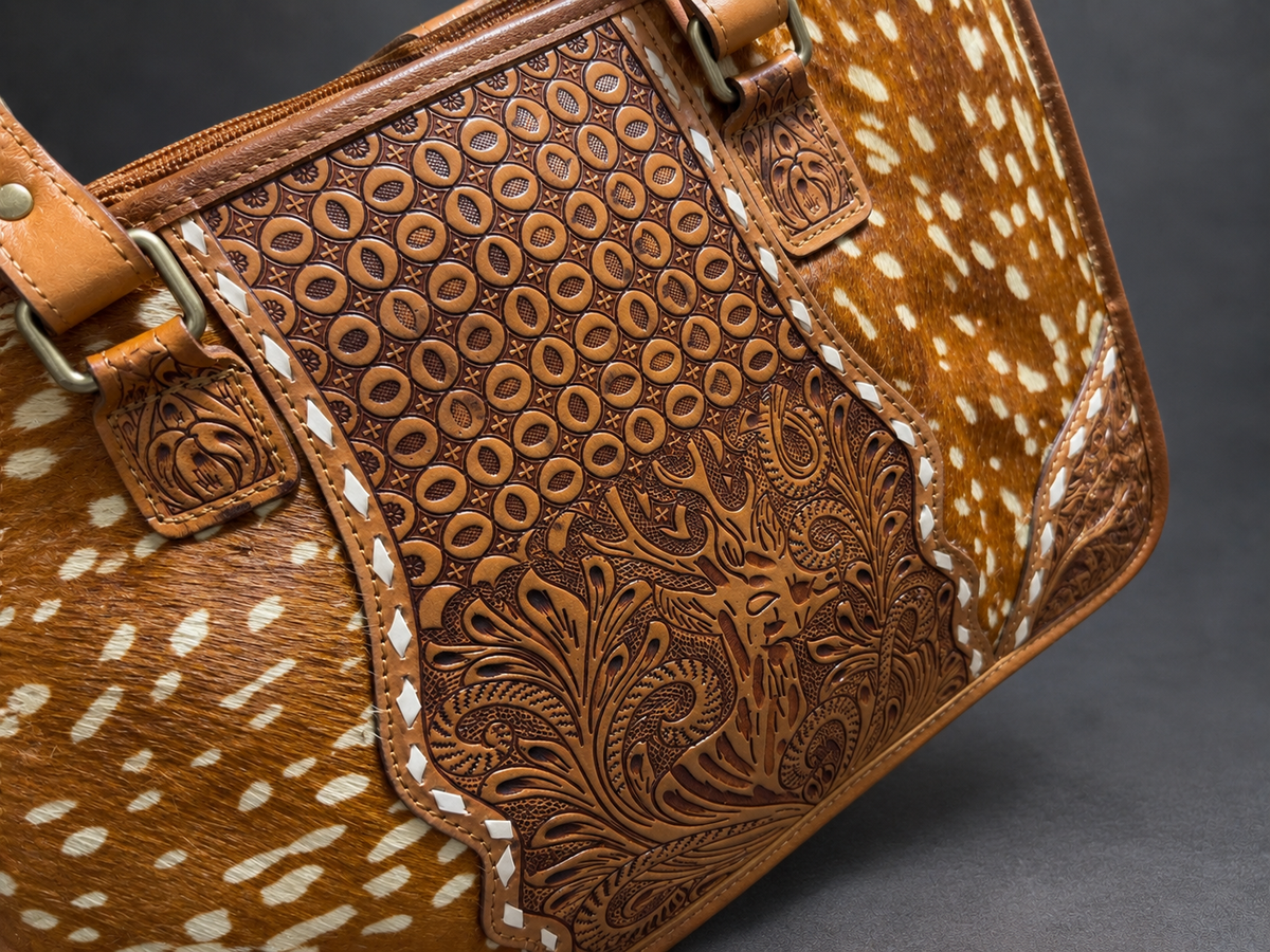 The High Plains Axis Hide & Tooled Leather Tote