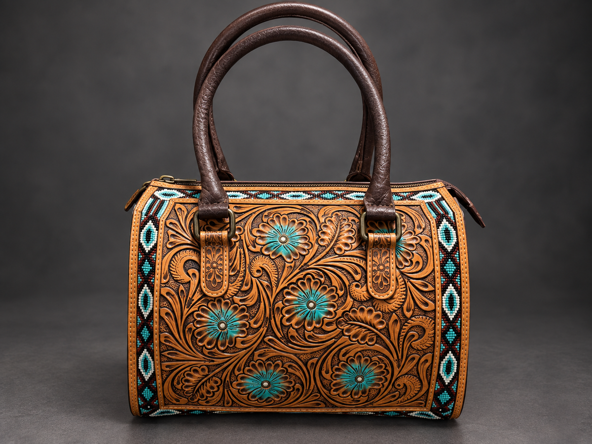Turquoise Bloom Medium Speedy-Hand-Beaded & Tooled Leather
