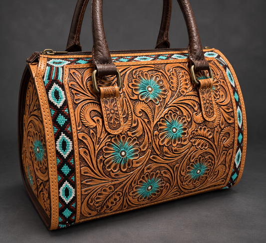 Turquoise Bloom Medium Speedy-Hand-Beaded & Tooled Leather