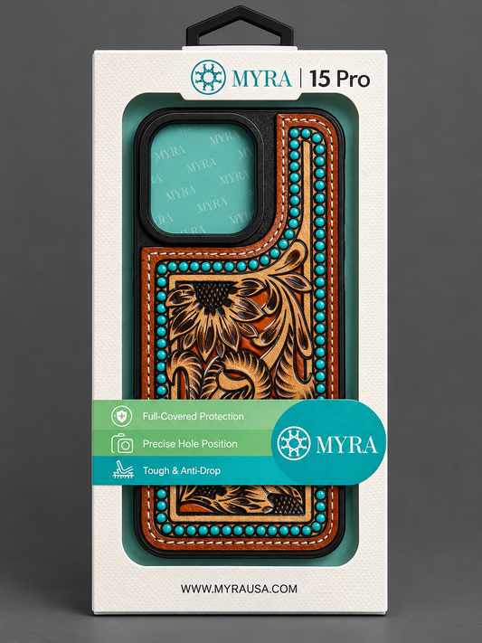 Turquoise Tooled Leather iPhone 15 Pro Case