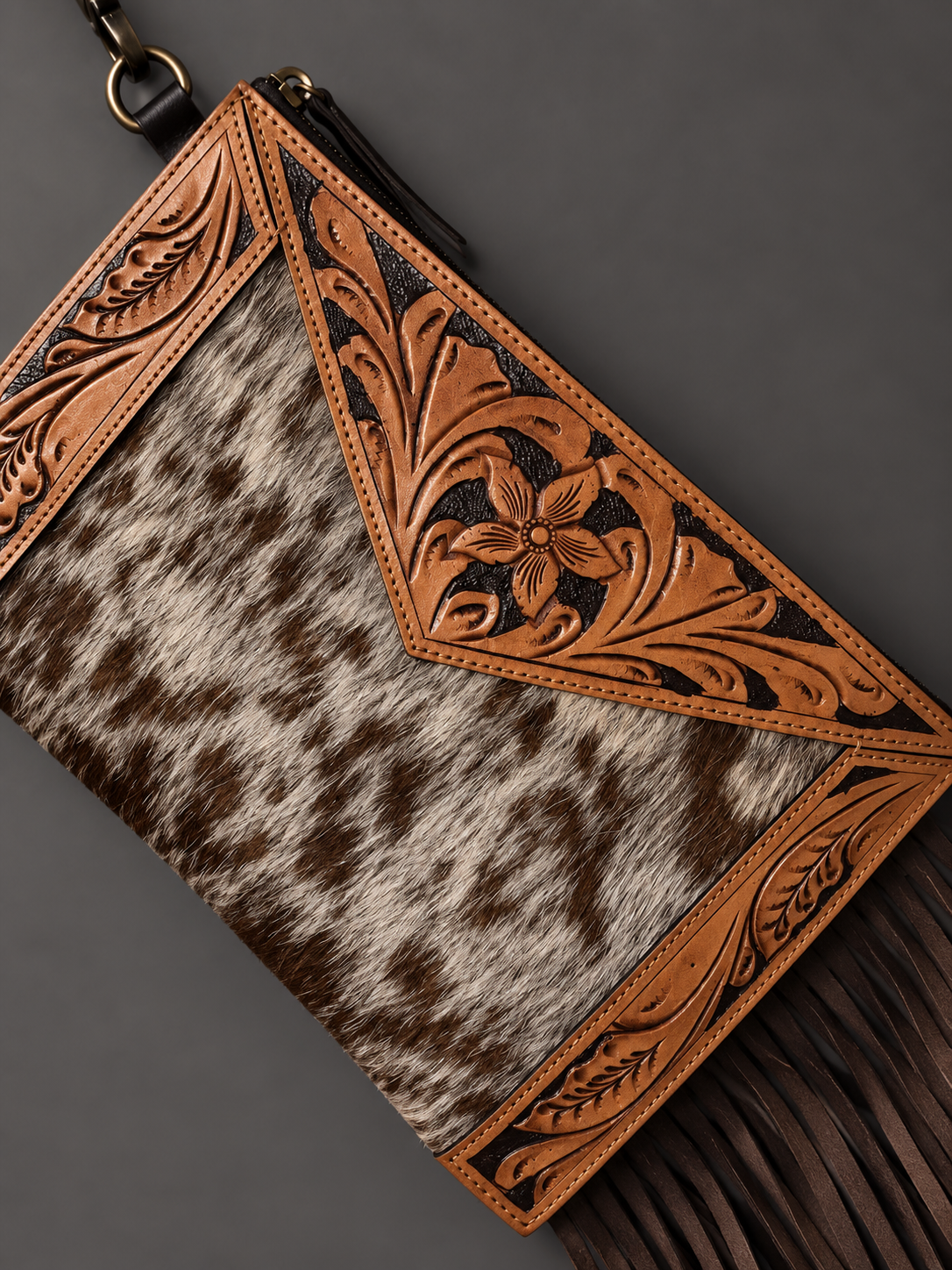 High Plains Luxe | Tooled Leather & Cowhide Fringe Wristlet