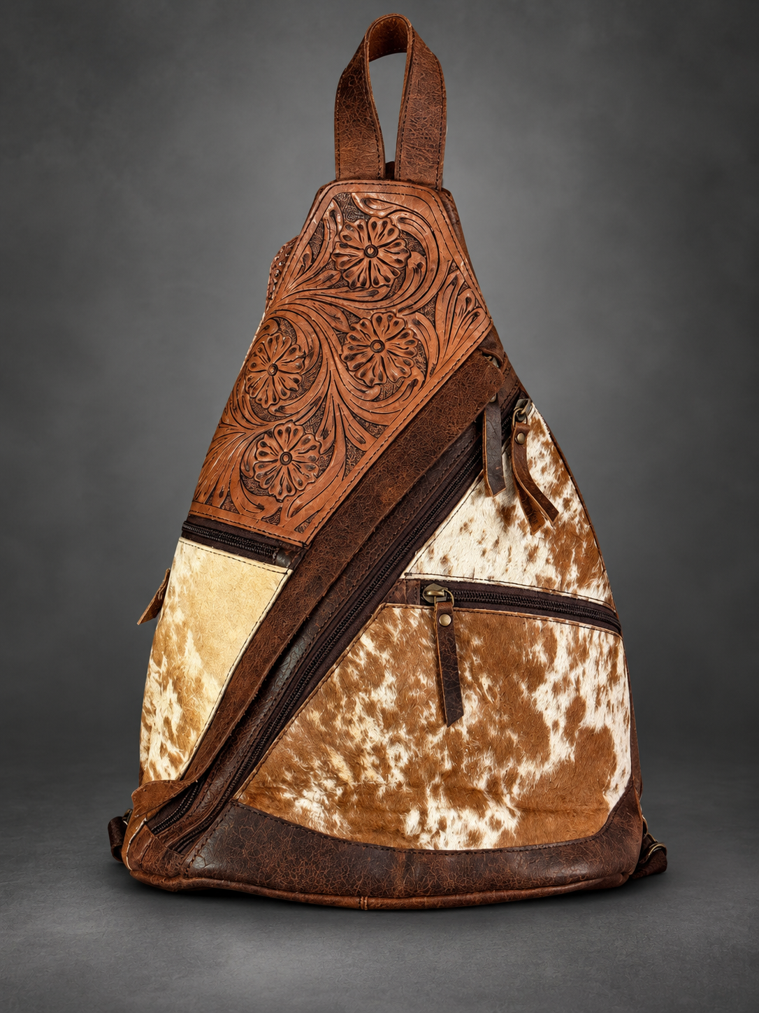 Tooled Leather & Cowhide Sling Backpack