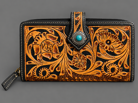Turquoise Concho Tooled Leather Western Wallet