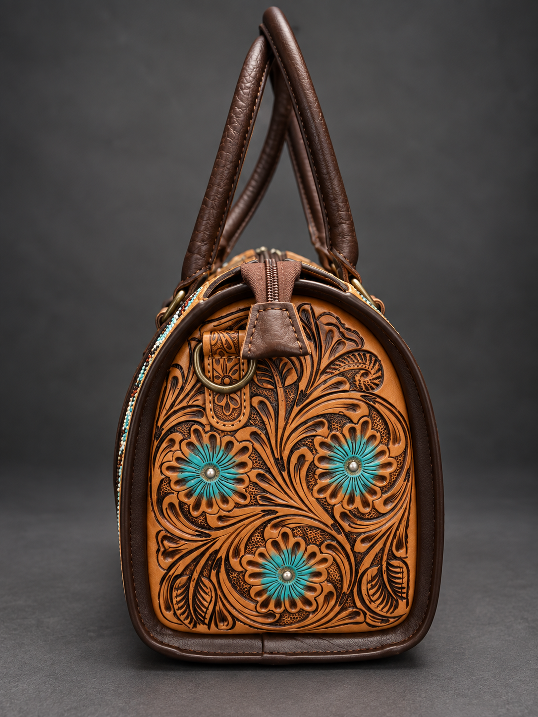 Turquoise Bloom Medium Speedy-Hand-Beaded & Tooled Leather