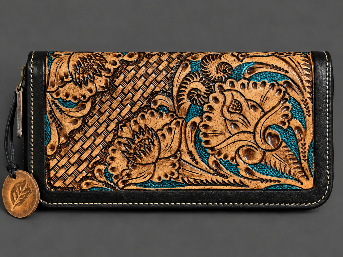 Turquoise Trails Tooled Leather Zip-Around Wallet