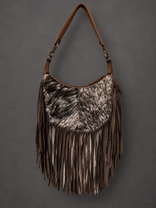 Midnight Mesa | Cowhide & Espresso Fringe Luxe Hobo Bag