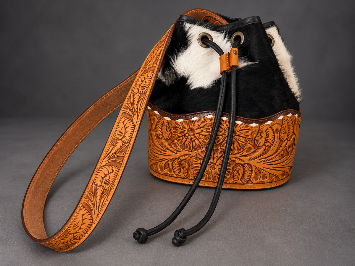 AD Black & White Cowhide Tooled Bucket Bag