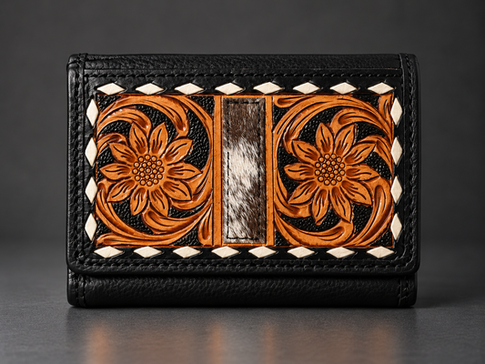 Saddle Bloom Tooled Leather & Cowhide Trifold Wallet
