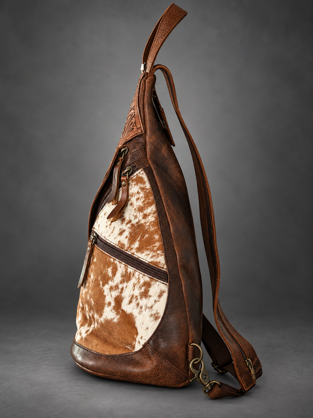 Tooled Leather & Cowhide Sling Backpack