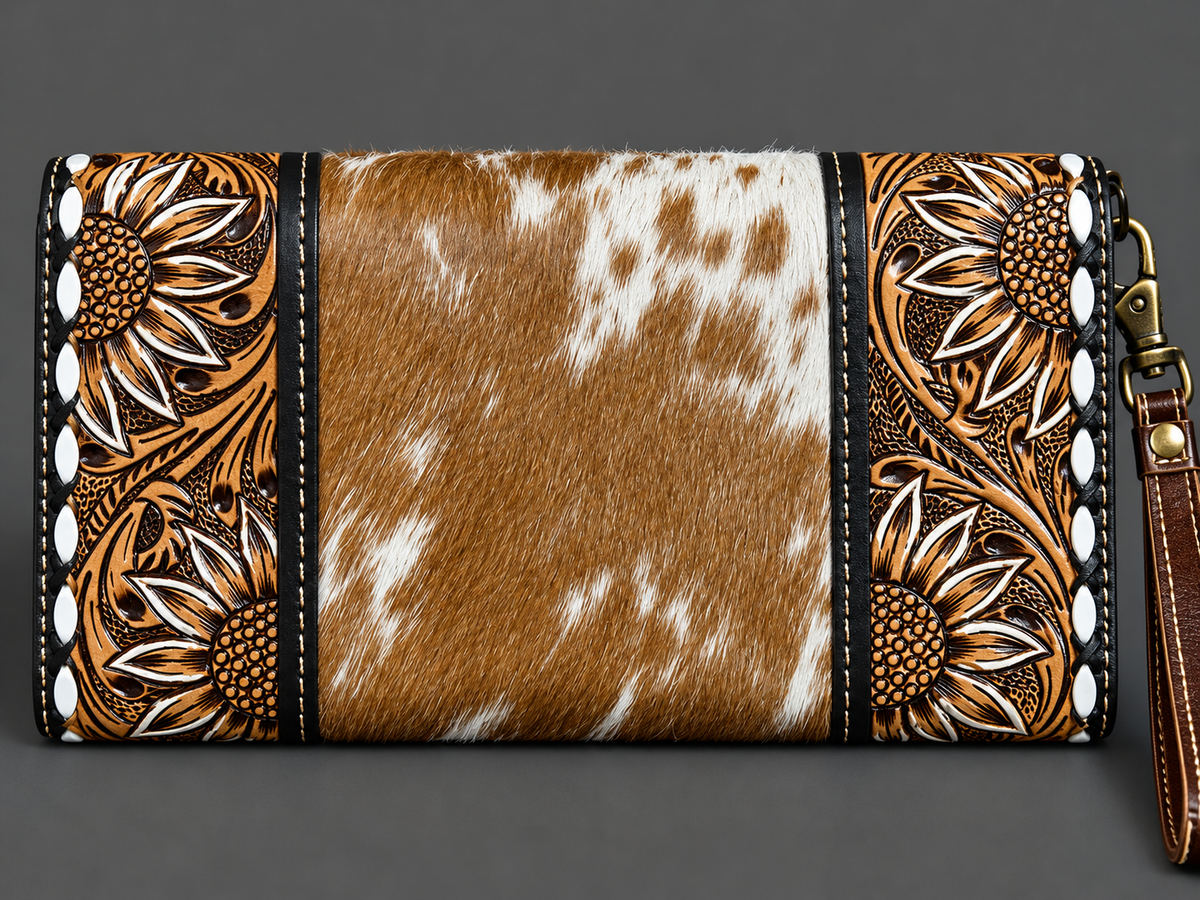 Sunflower & Cowhide Western Wristlet Wallet