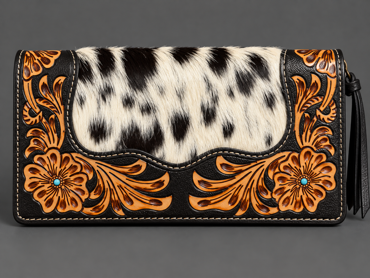Prairie Bloom Cowhide Tooled Wristlet Wallet