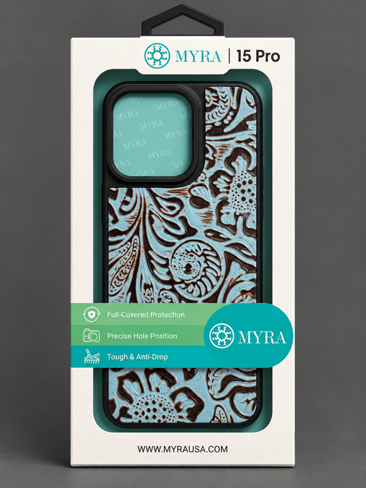 Turquoise Tooled Western iPhone 15 Pro Case
