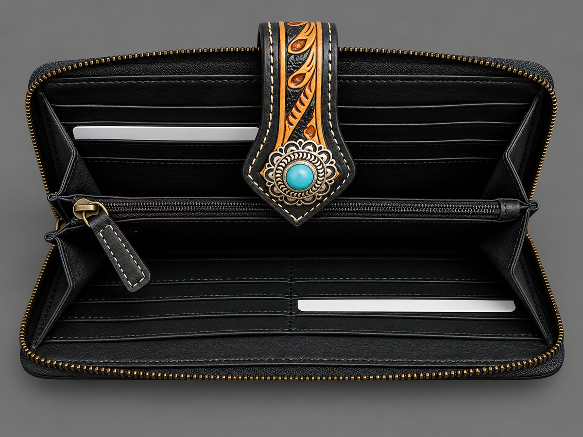 Turquoise Concho Tooled Leather Western Wallet