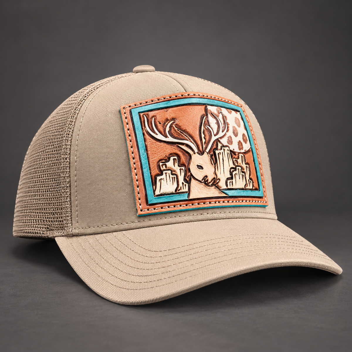Desert Jackalope Tooled Leather Patch Trucker Cap