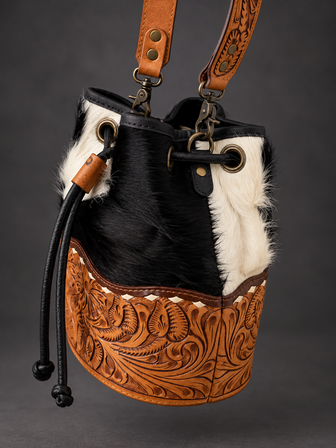 AD Black & White Cowhide Tooled Bucket Bag