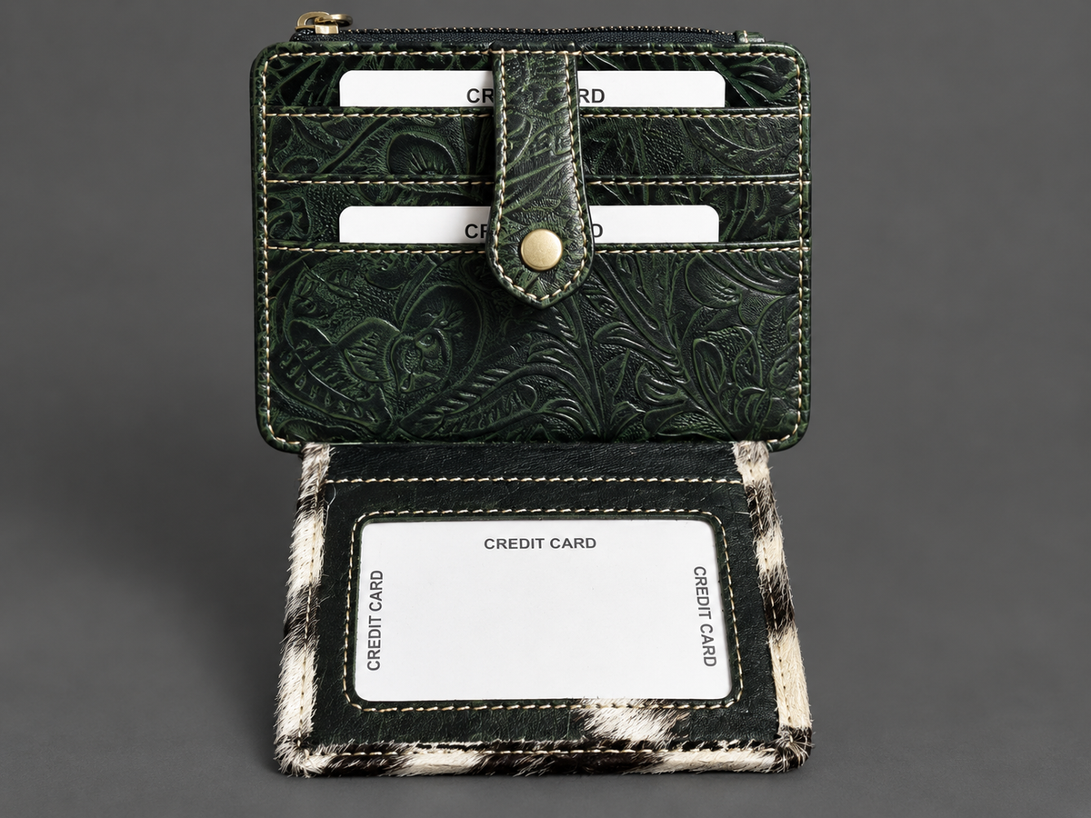 Black Tooled Leather & Cowhide Card Wallet