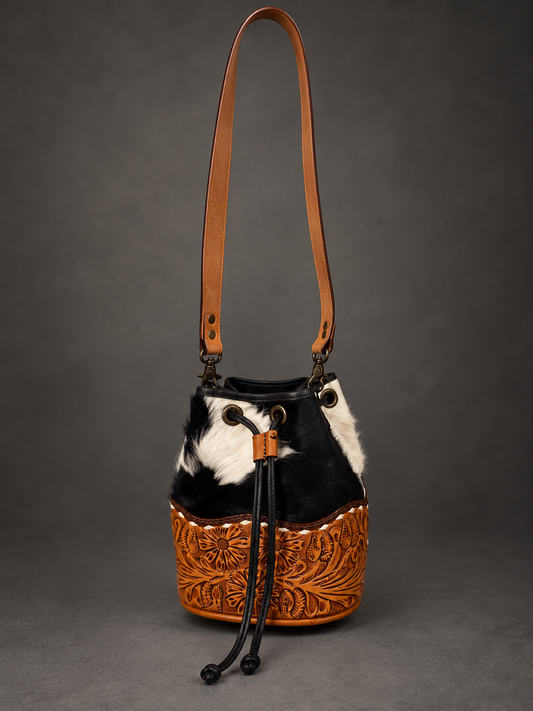 AD Black & White Cowhide Tooled Bucket Bag