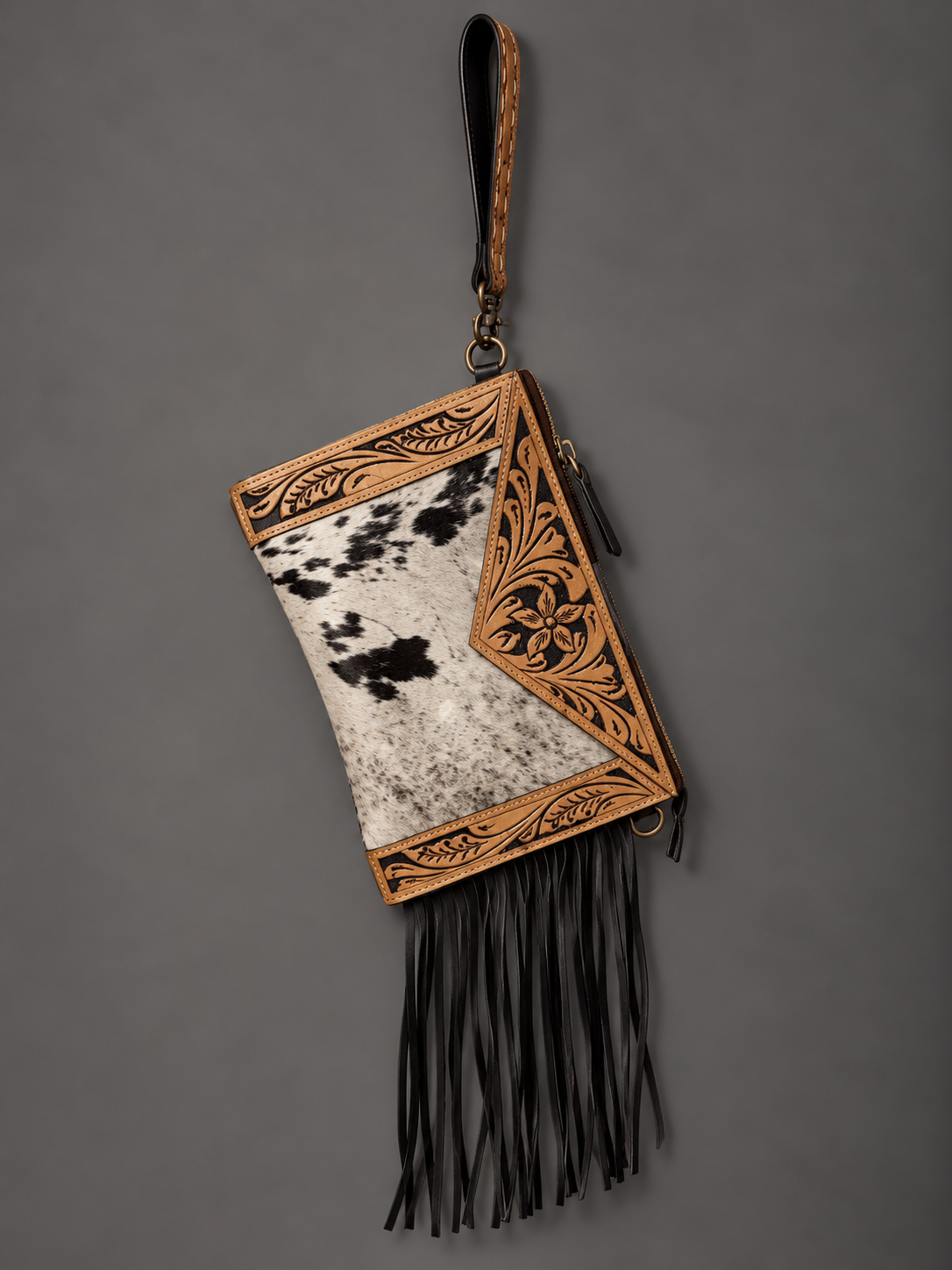 High Plains Luxe | Tooled Leather & Cowhide Fringe Wristlet