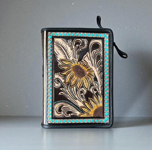 Sunflower Tooled Bible Cover – Hand-Painted Western Leather Bible Case