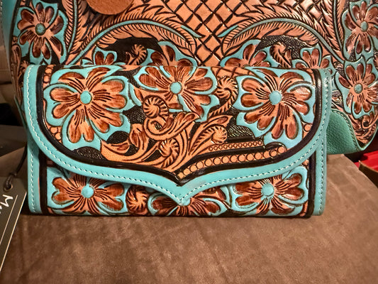 Turquoise Blossom Tooled Leather Wallet