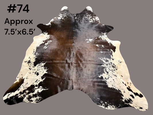 #74 Oversized Dark Chocolate & White Cowhide Rug – Approx. 7.5’ x 6.5’ Statement Hide