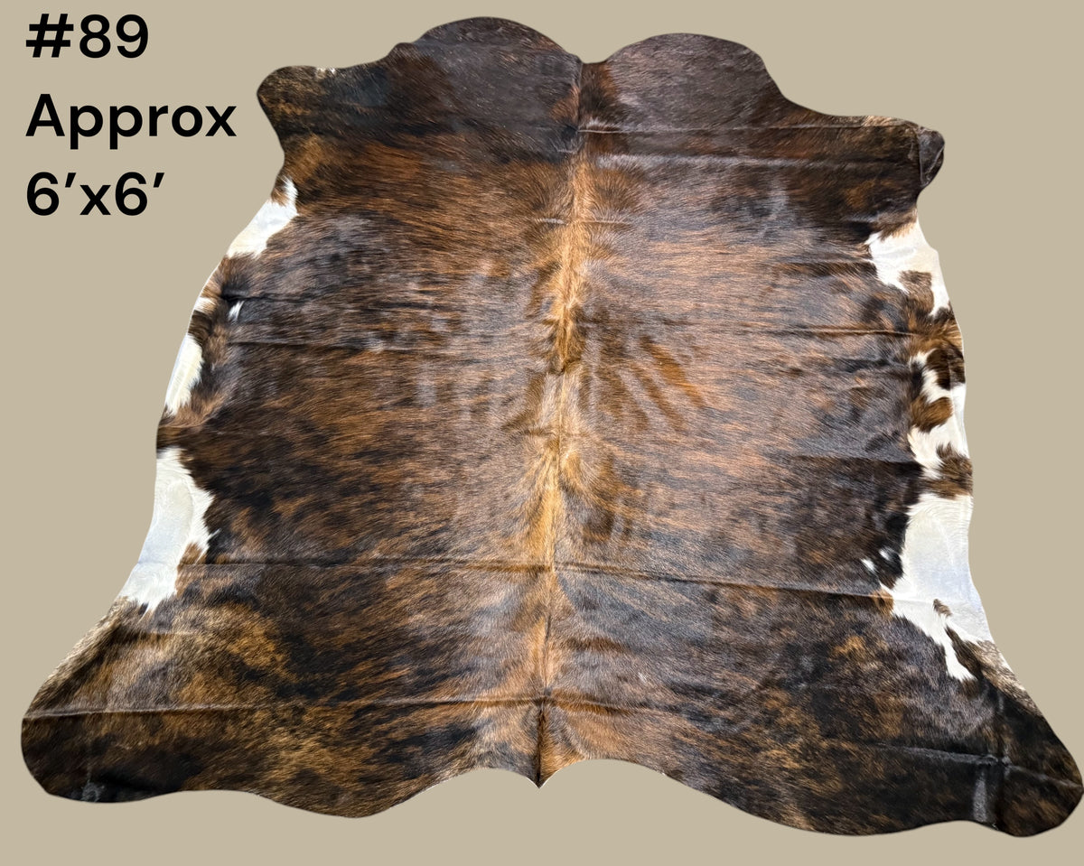 #89 Dark Brindle Cowhide Rug – Approx. 6’ x 6’ Rich Chocolate & Bronze Hide