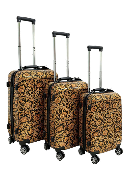 Tooled Leather Western Luggage Set - Floral Hard Shell Spinner Suitcases