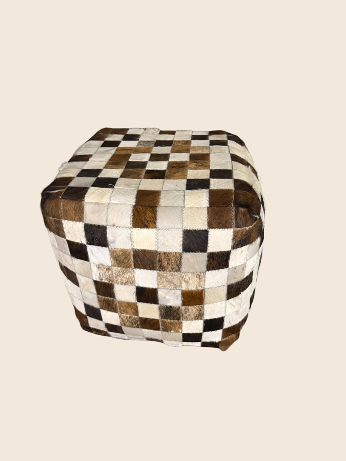 18”x18”x18” Handcrafted Patchwork Cowhide Ottoman – Farmhouse Style Accent Piece