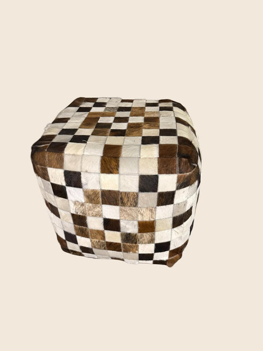 18”x18”x18” Handcrafted Patchwork Cowhide Ottoman – Farmhouse Style Accent Piece