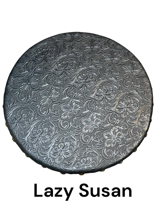 Tooled Leather Lazy Susan – Western Floral Embossed Serving Tray