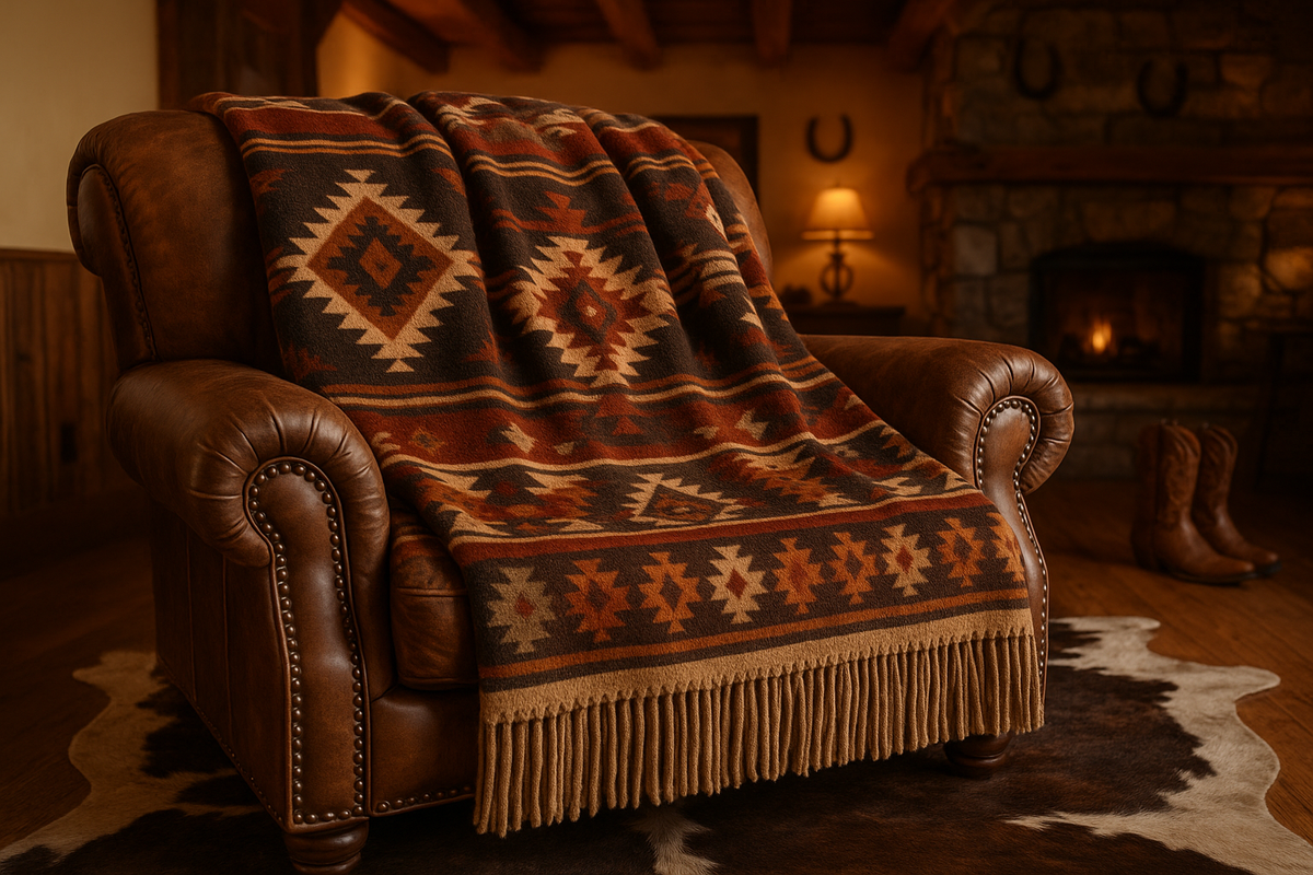 Plush, western throw blanket in western themed home, focus on blanket